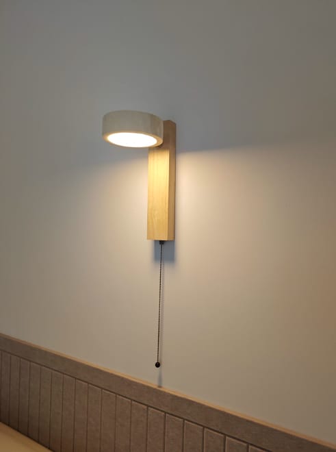 Customer photo review of Wood and Travertine Wall Light, Wall Sconce, Integrated LED