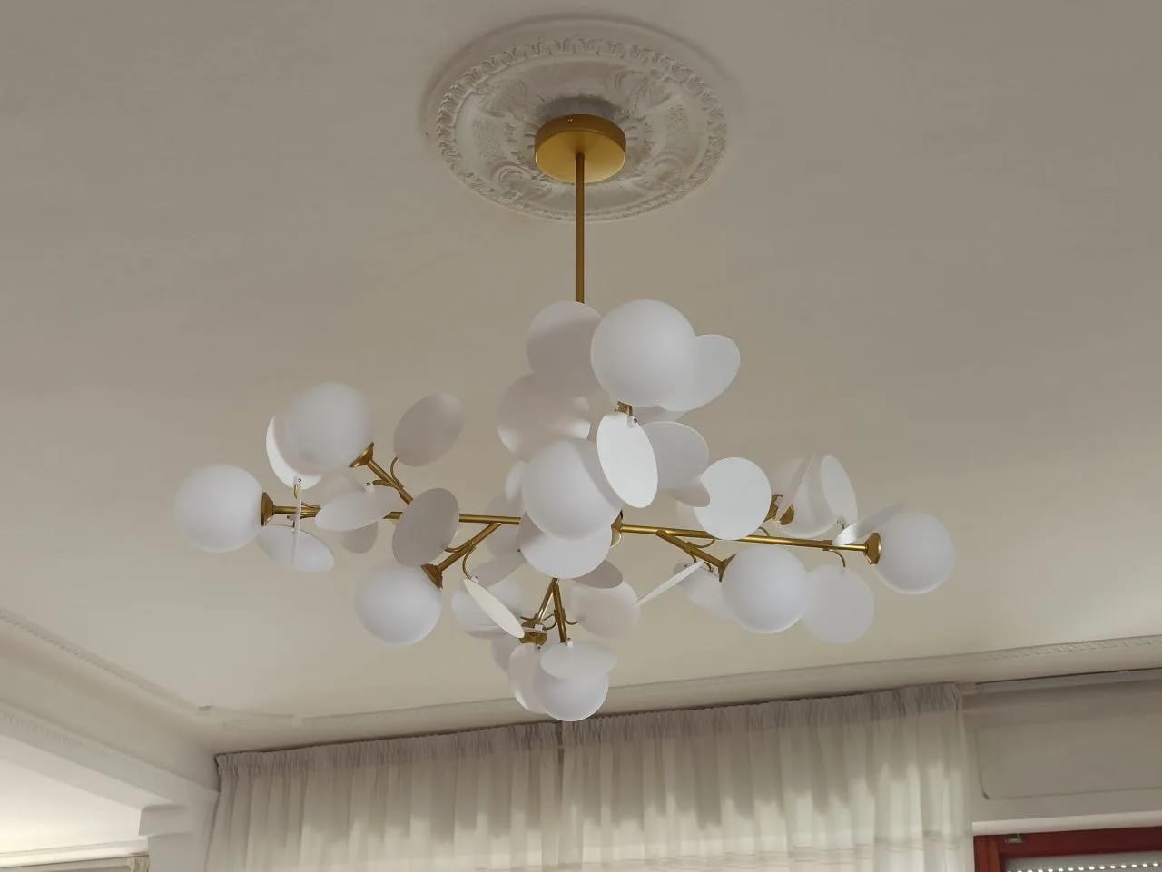 Customer photo review of Brass Chandelier with Glass Shades, Acrylic Discs, Iron Frame