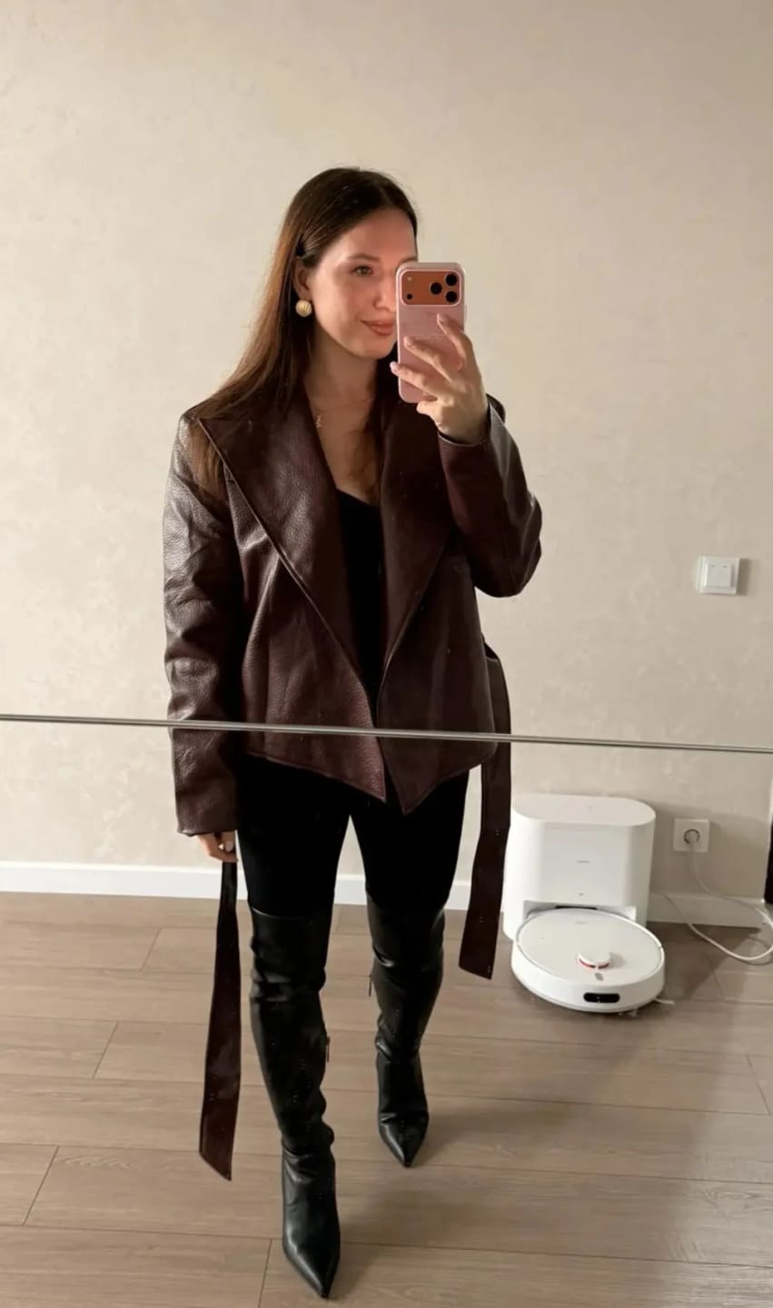 Customer photo review of Emily Lace-Up Vegan Leather Jacket