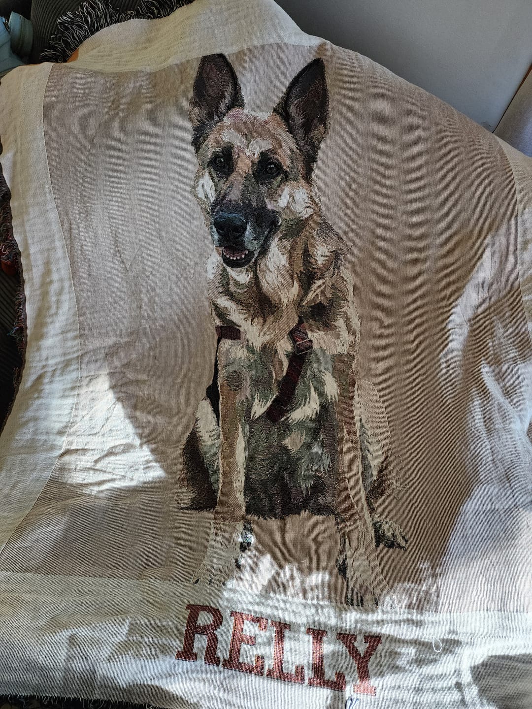Customer photo review of Custom Pet Portrait Monogram Throw Blanket