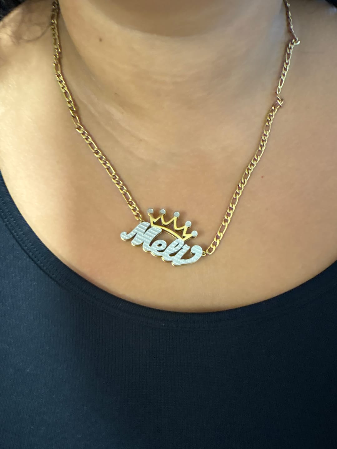 Customer photo review of Double Plated Crown Name Necklace w/ Figaro Chain
