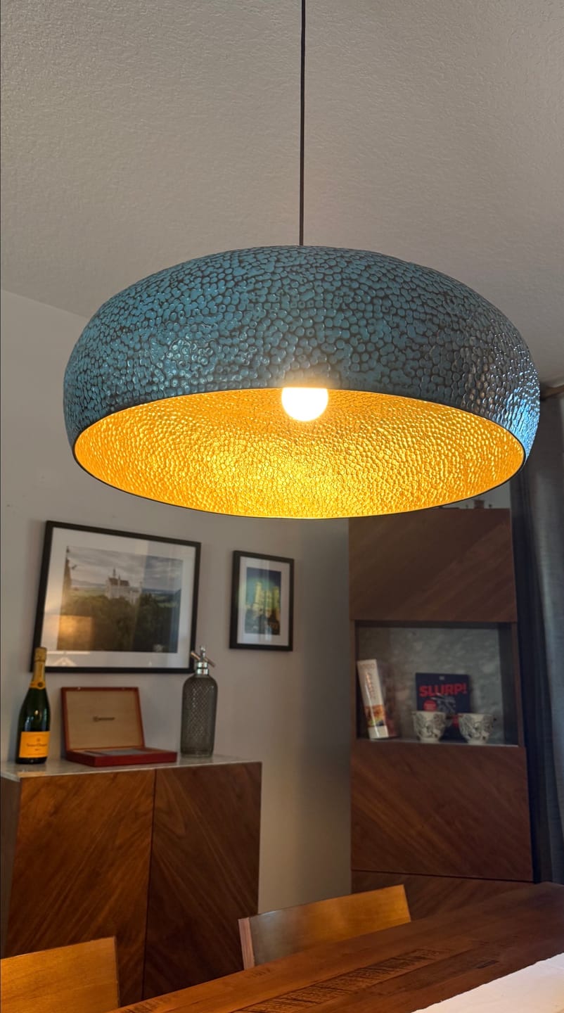 Customer photo review of Handcrafted Green Patina Brass Dome Pendant Light – Hammered Artisan Ceiling Lamp