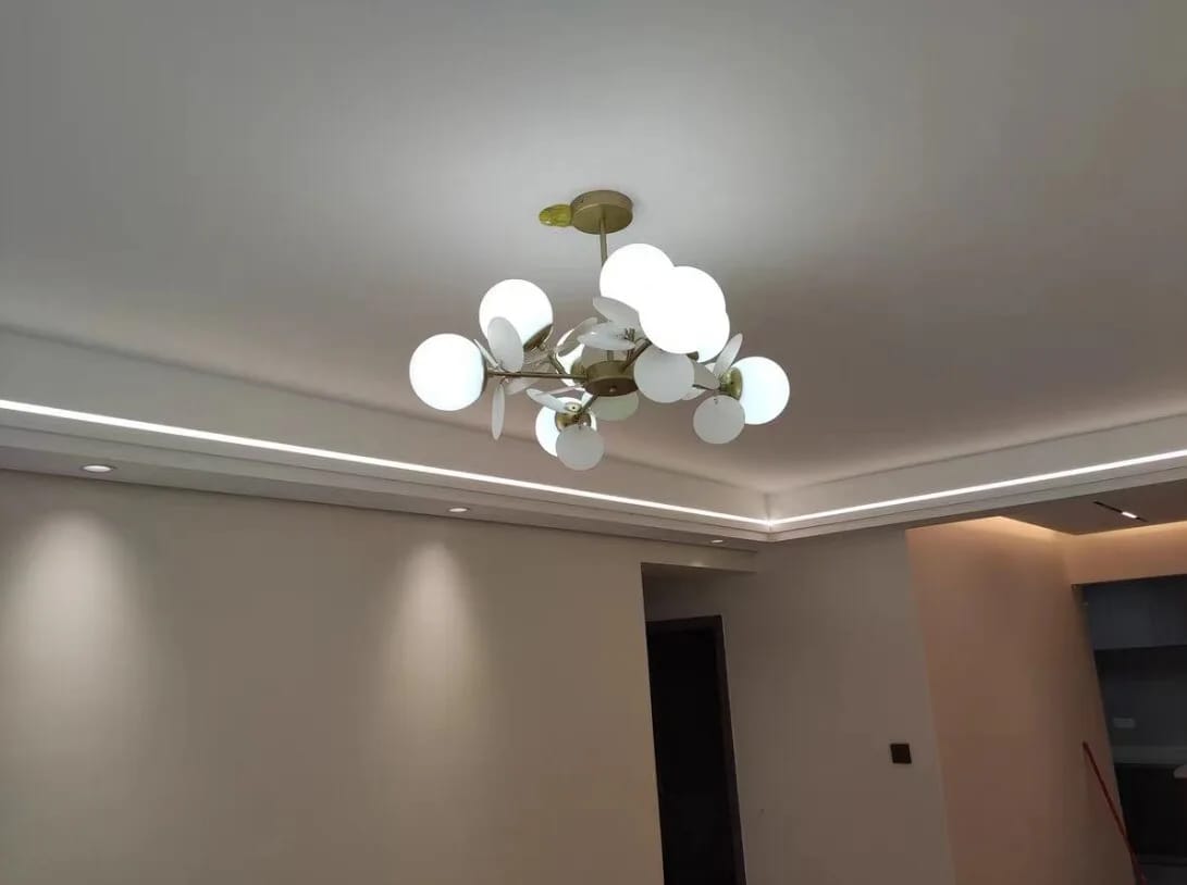 Customer photo review of Brass Chandelier with Glass Shades, Acrylic Discs, Iron Frame