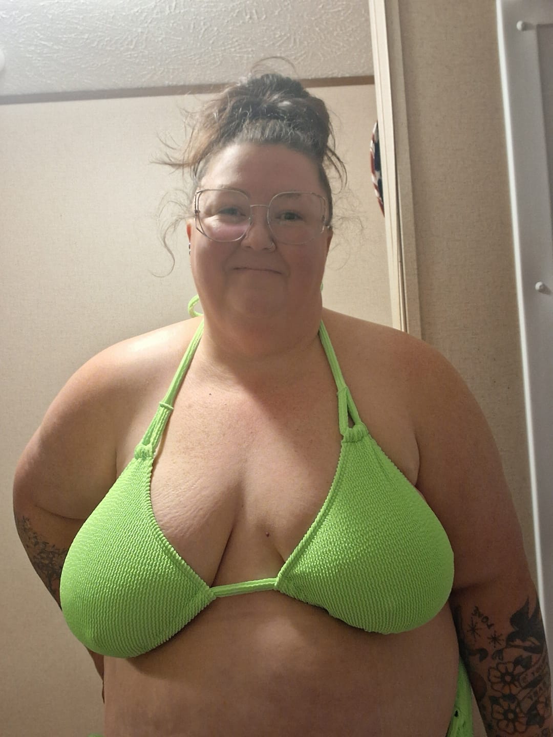 Customer photo review of Neon Green Crinkle Triangle Bikini Top final sale