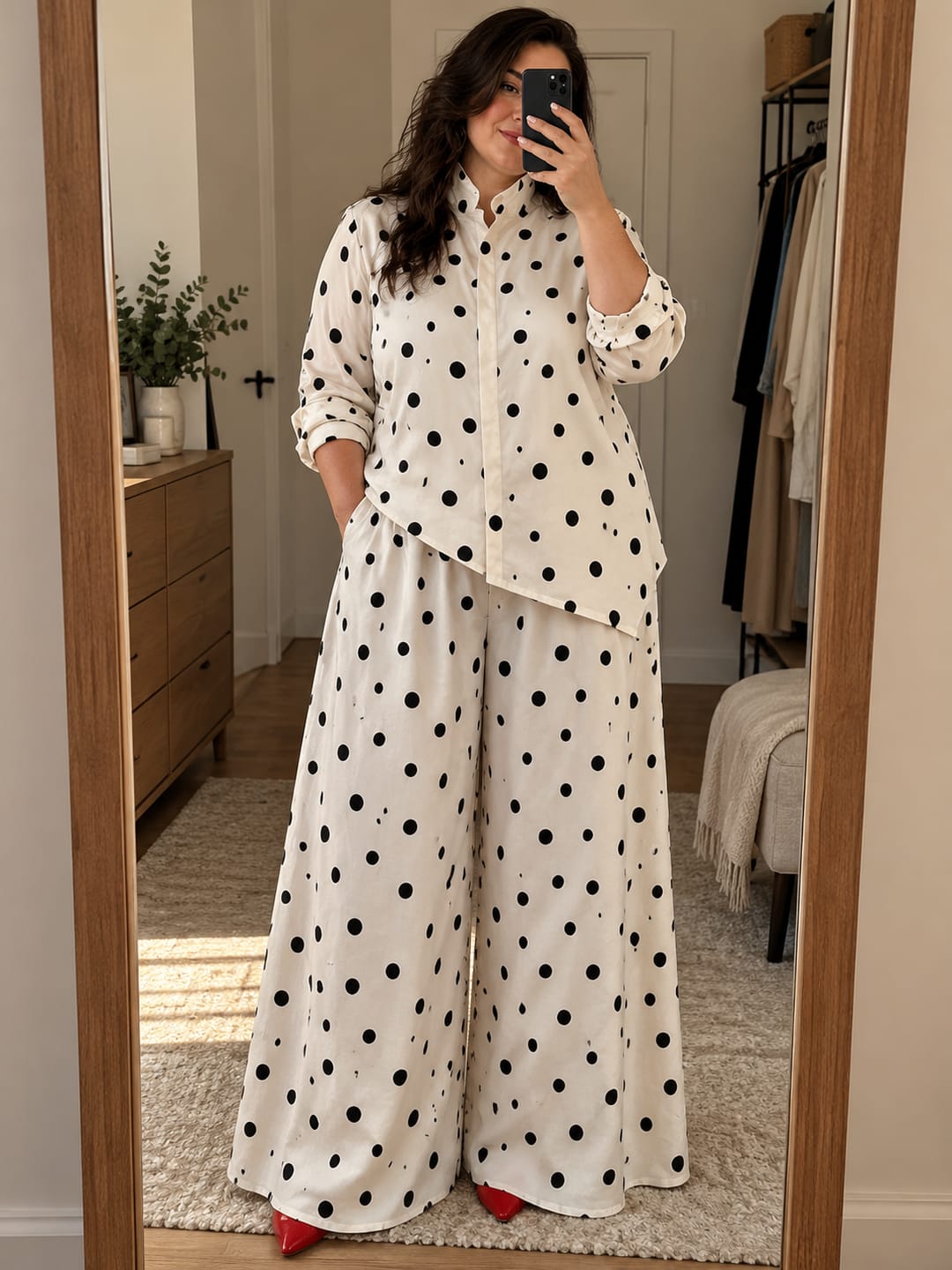 Customer photo review of Polka-Dot Contrast Color Asymmetric Loose Long Sleeves Stand Collar Blouses&shirts Tops