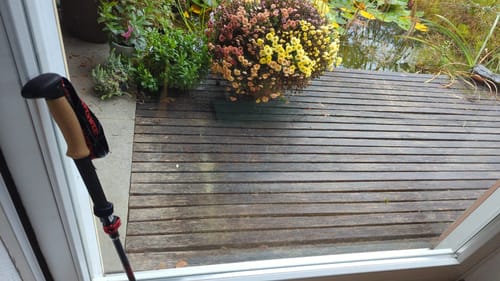 Kunden-Wanderstock Faltbar Carbon, mit Korkgriff, lehnt an einer Terrassentür mit Blick auf den Garten.