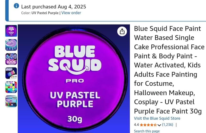 Customer photo review of Blue Squid PRO Face Paint - Professional Water Based Single Cake Facepaint & Body Paints - SFX Makeup, Kids Adults Face Painting for Costume, Halloween, Cosplay