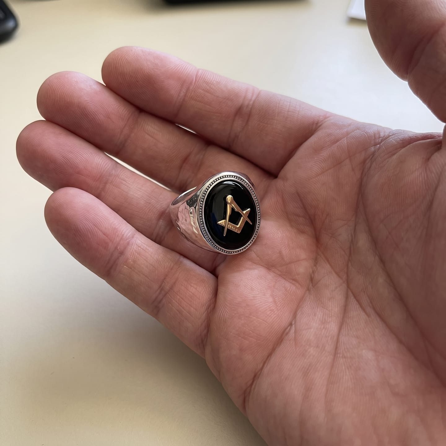 Customer photo review of Hammered Masonic Onyx Ring