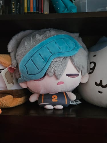 Customer's Alien Stage Big Head Bun plush of Till, featuring grey hair and a teal sleep mask on a dark shelf.
