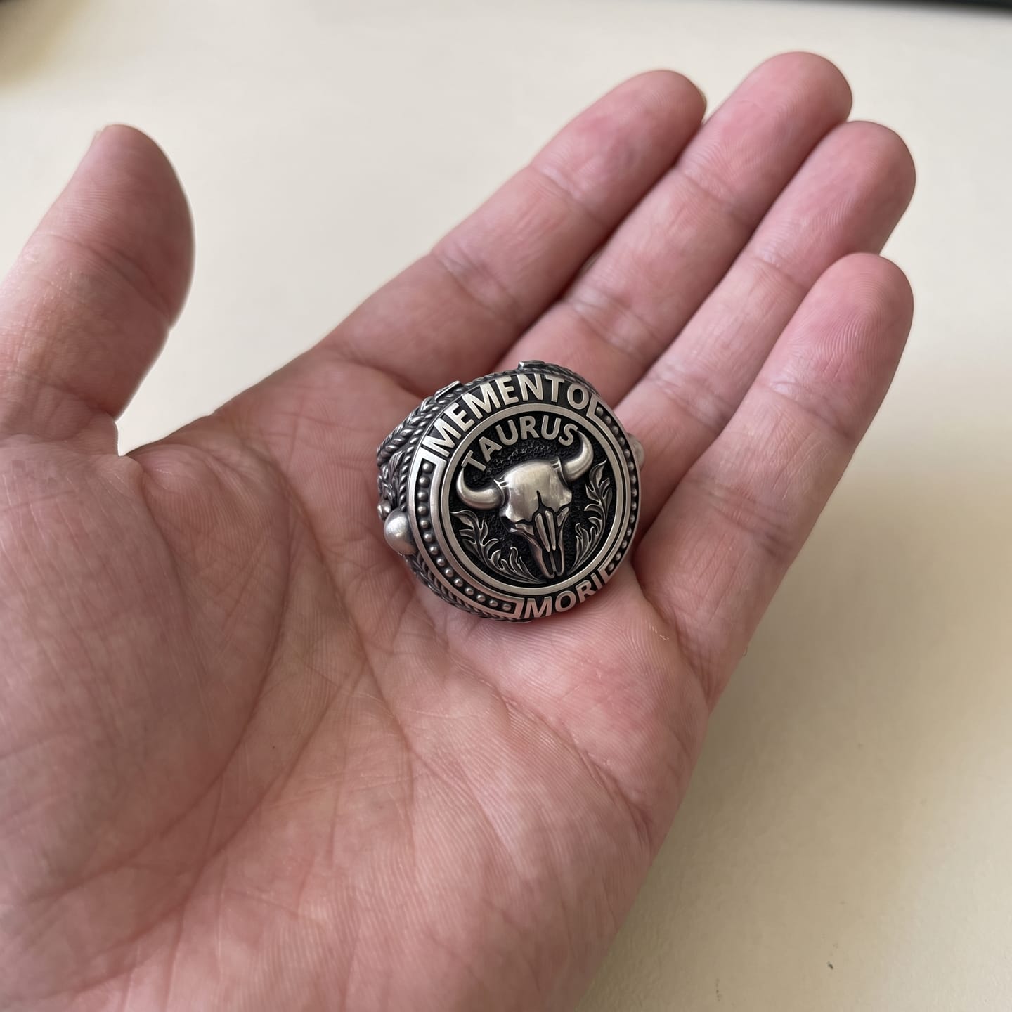 Customer photo review of Memento Mori Taurus Skull Ring