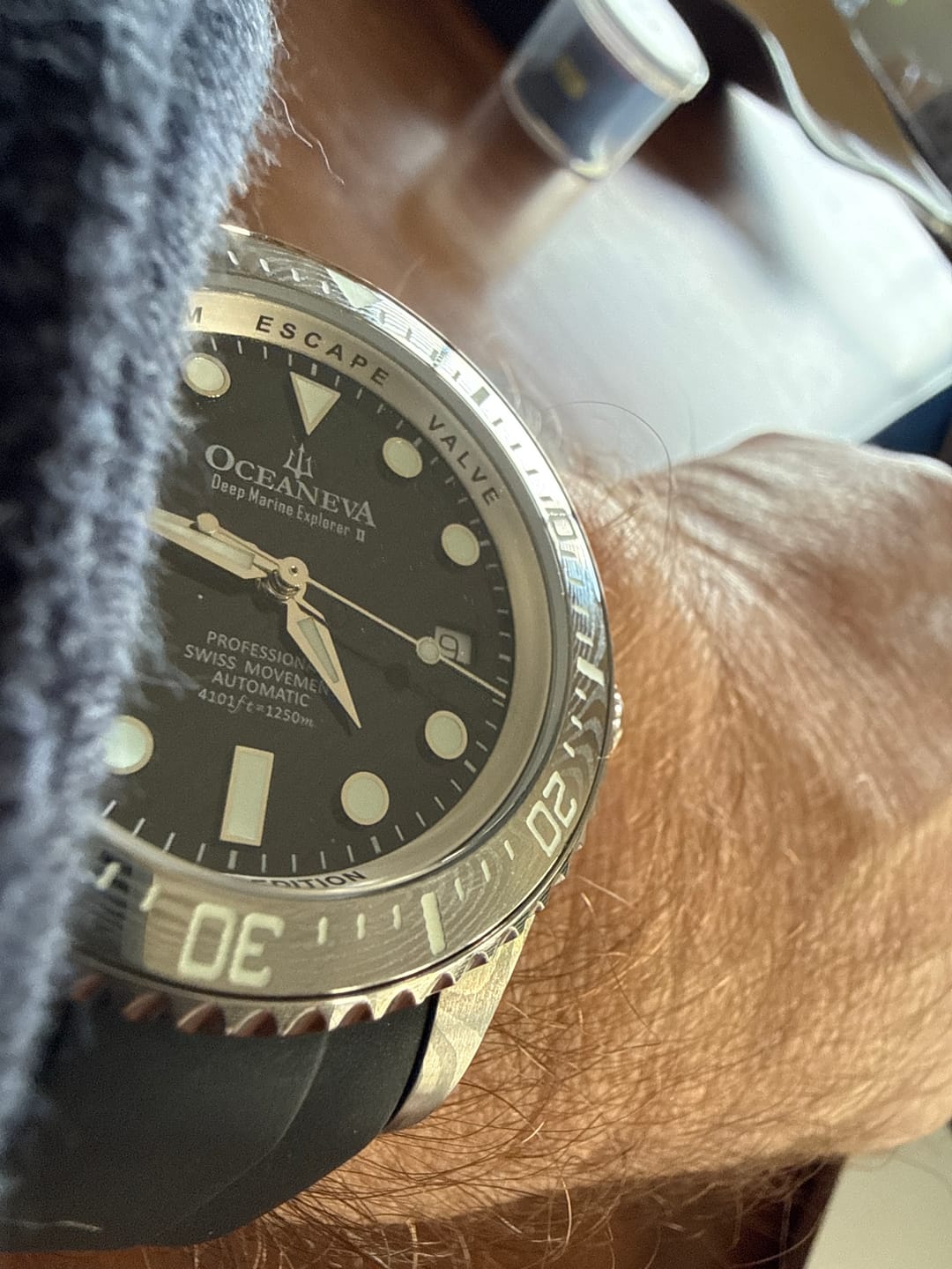 Customer photo review of Oceaneva Mens Deep Marine Explorer II Black Damascus Steel Dial Watch