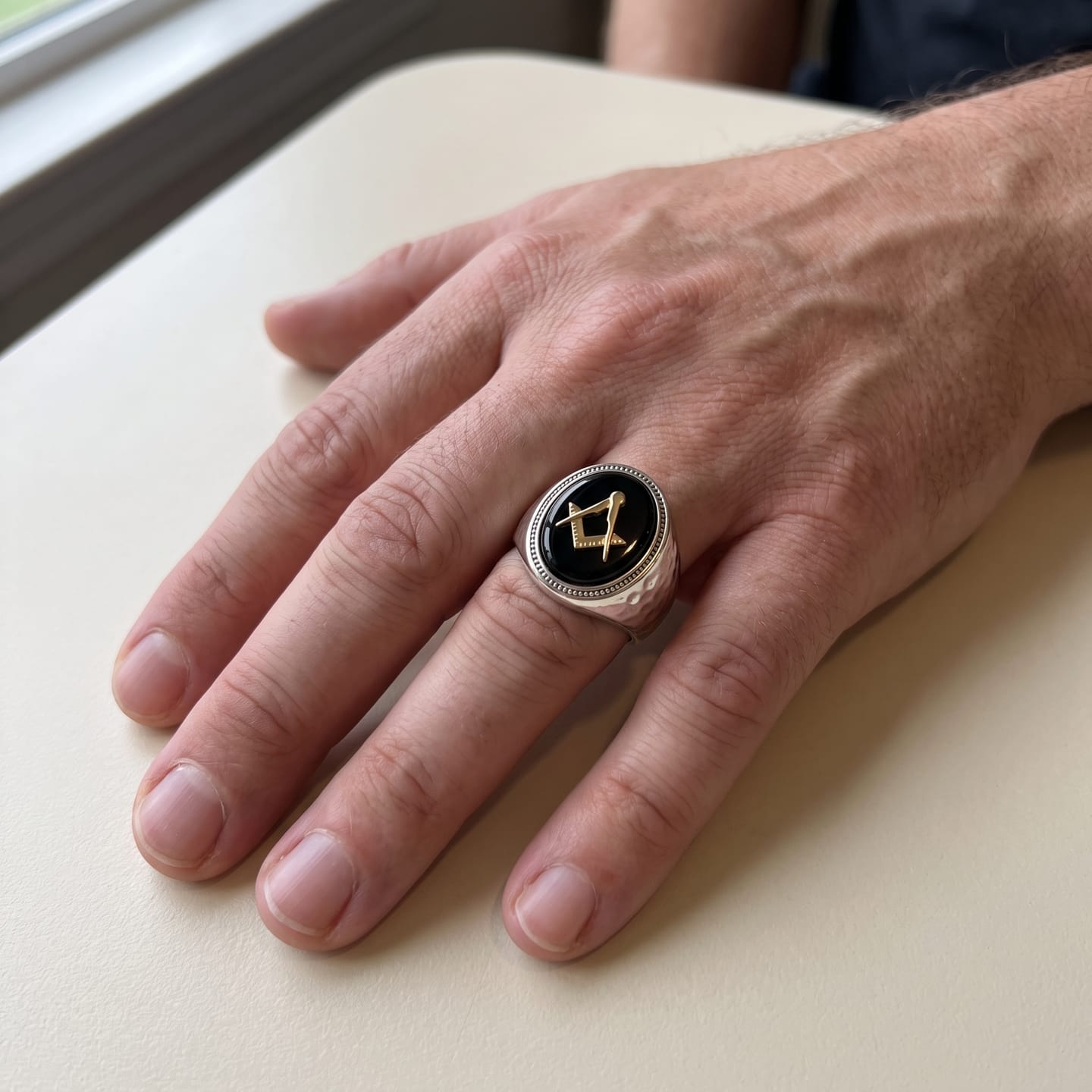 Customer photo review of Hammered Masonic Onyx Ring