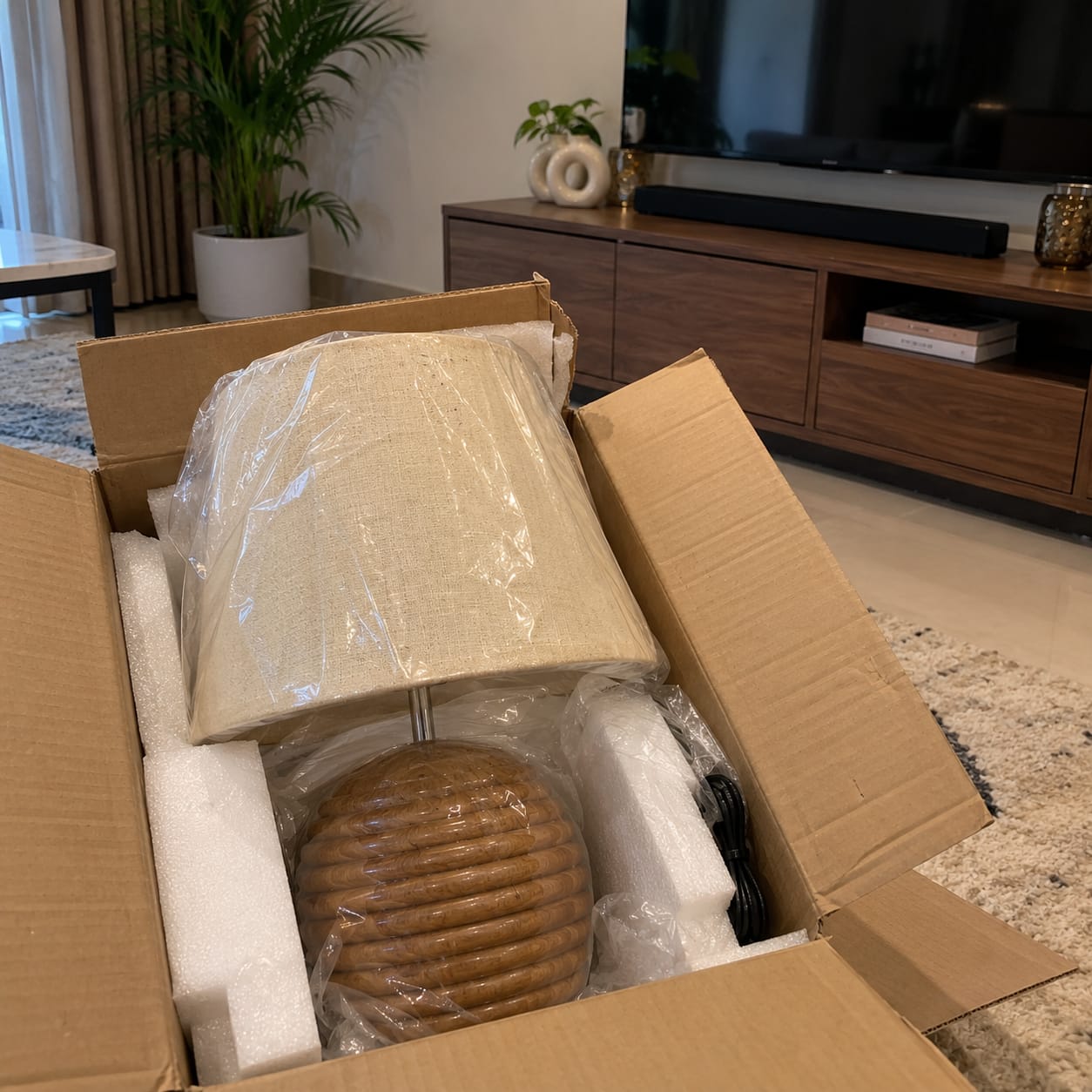Customer photo review of Striped Wooden Brown Lamp with White Jute Shade