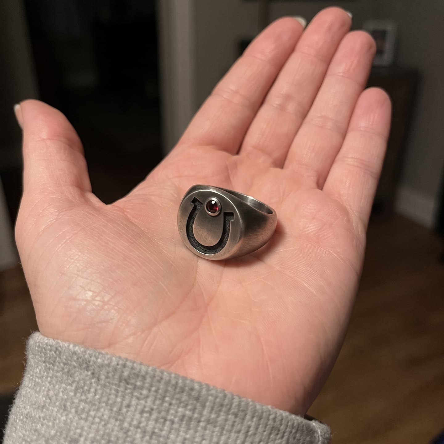 Customer photo review of Garnet Horseshoe Signet Ring