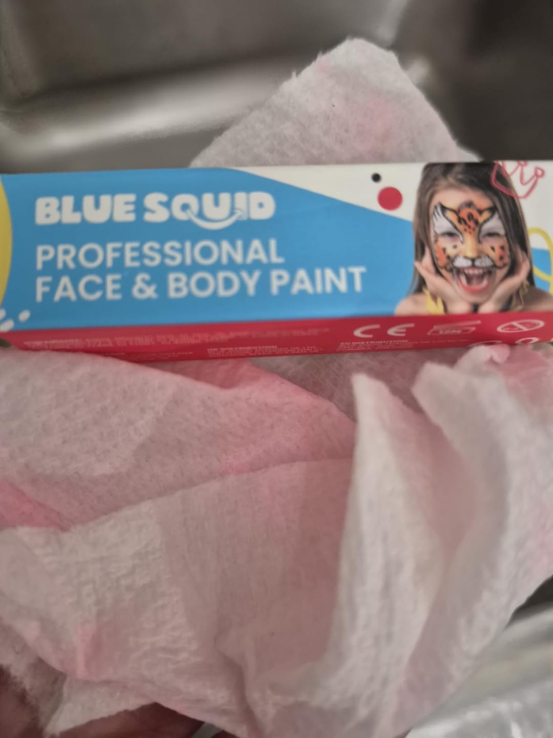 Customer photo review of Blue Squid Face Painting Kit for Kids – 60g/2.12oz Split Cake Face Paint Palette, One Stroke Rainbow Colors, with Brushes & Stencils - Non-Toxic, Water Activated - Kids Party & Halloween Makeup Kit