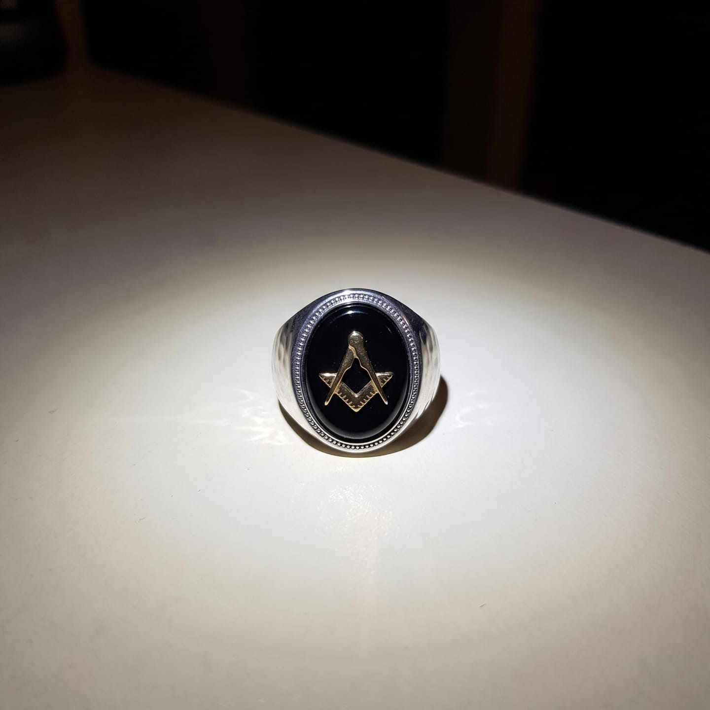 Customer photo review of Hammered Masonic Onyx Ring
