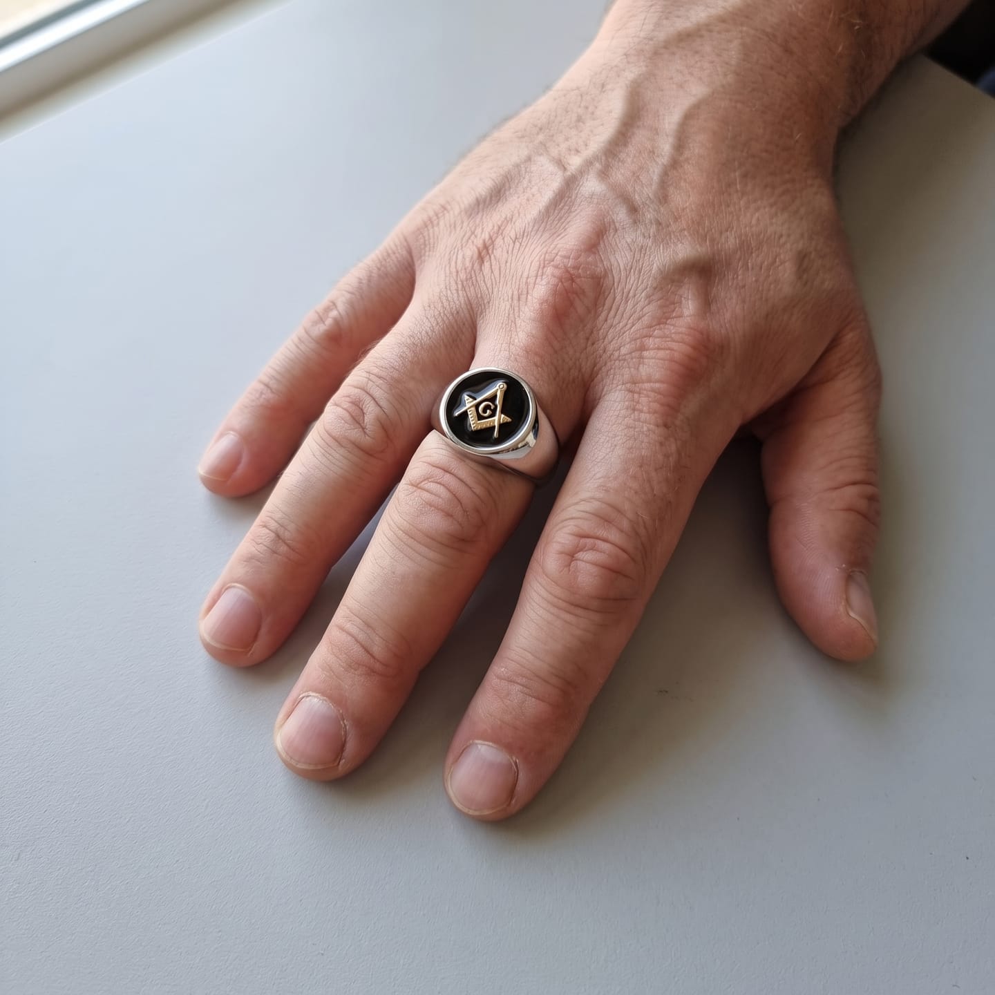 Customer photo review of Square and Compasses Signet Ring