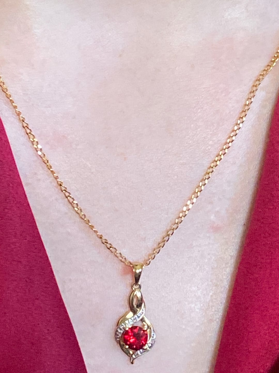 Customer photo review of Created Ruby and Diamond Pendant Necklace in 9ct Yellow Gold