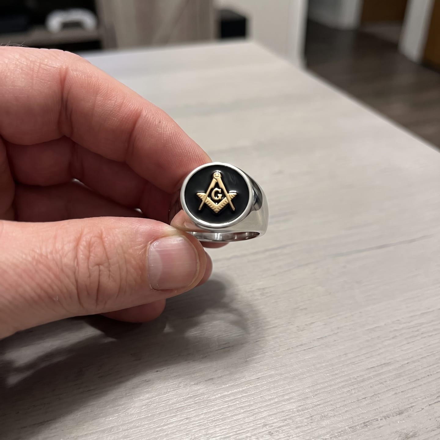 Customer photo review of Square and Compasses Signet Ring