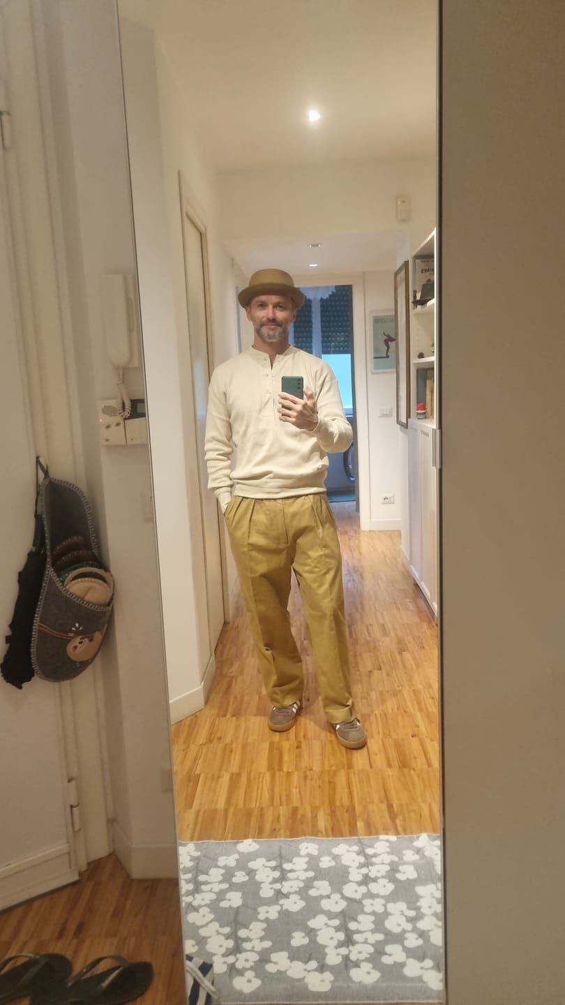 Customer photo review of 1930s IVY Style Double Pleated Chino Trousers - Yellow