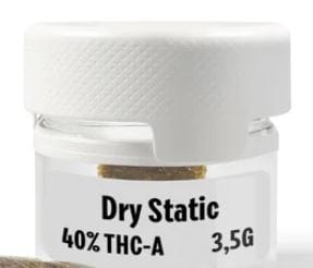 Customer's Dry Static 40% THC-A product in a small clear jar with a white lid, close-up.