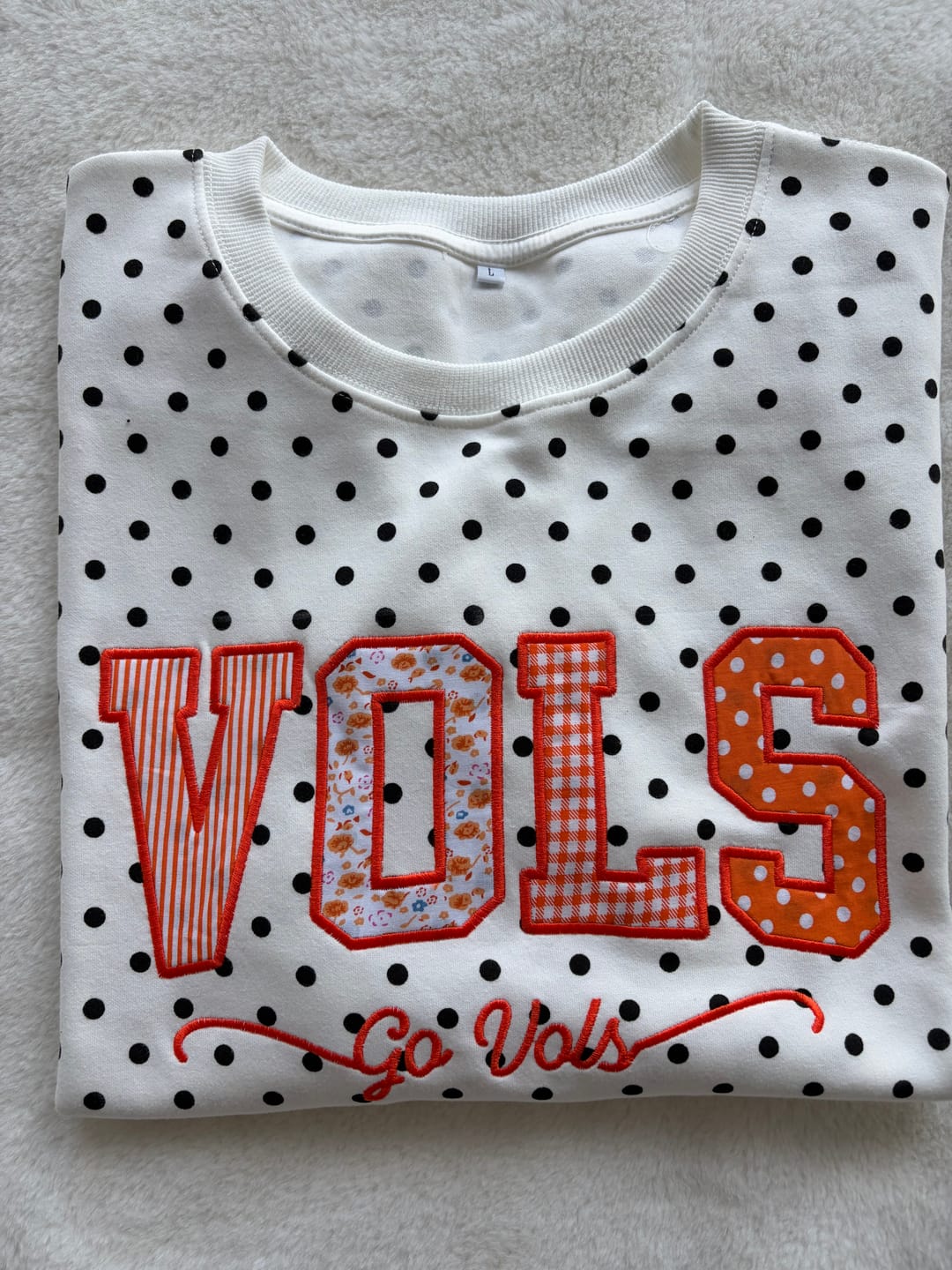 Customer photo review of Custom Patchwork Fabric Embroidered Polka Dot Sweatshirt Team and School Name Applique Varsity Letters | Game Day Wear