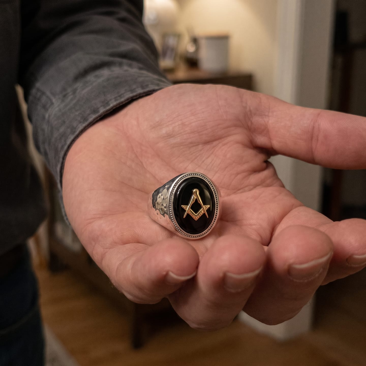 Customer photo review of Hammered Masonic Onyx Ring