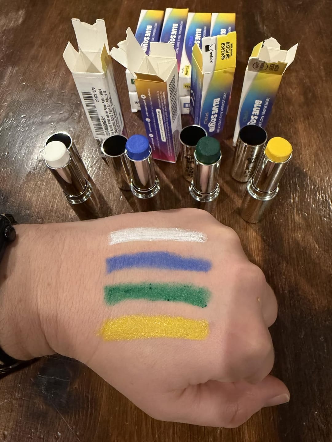 Customer photo review of Blue Squid PRO Face Paint Stick - Waterproof Body Paint for Adults & Kids Eye Black Baseball, Softball - Vegan Hypoallergenic Twist-Up Non-Toxic Makeup Stick for Cosplay, Sports & SFX