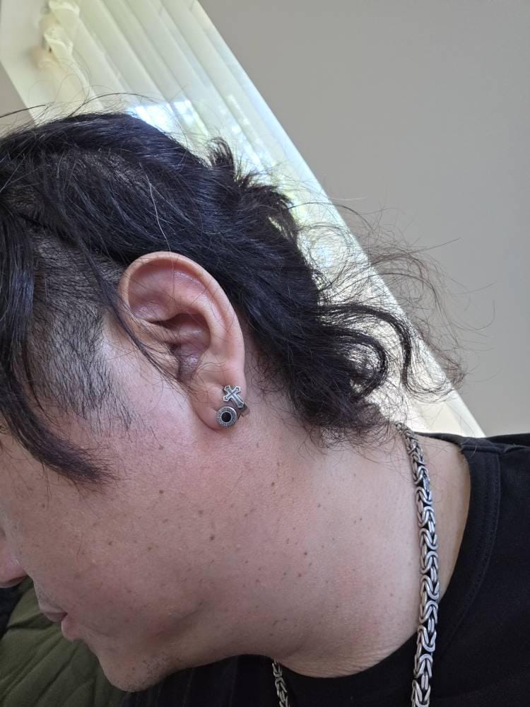 Customer photo review of Flared Gothic Cross Earring
