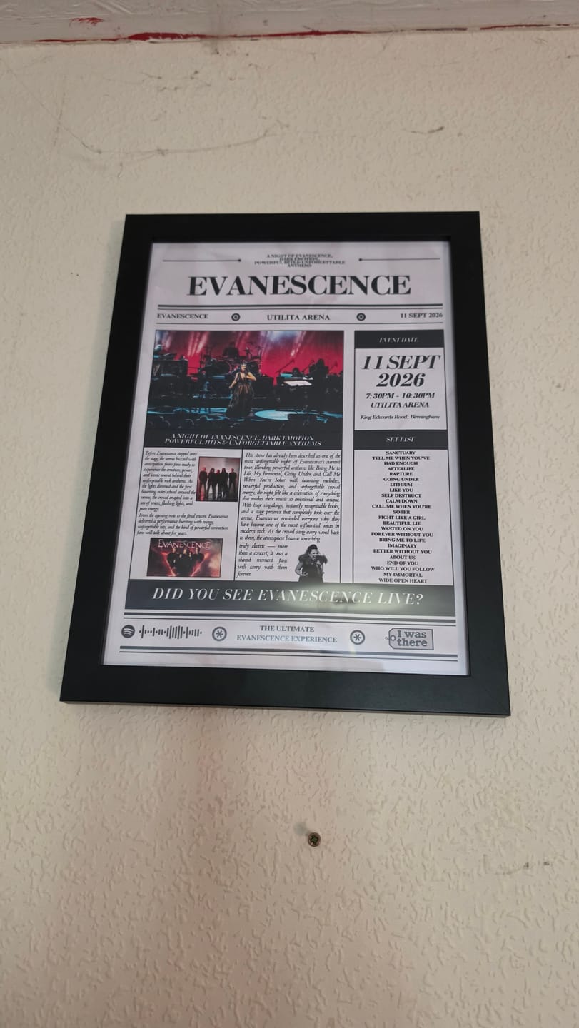 Customer photo review of Evanescence - Personalised Newspaper Style Concert Poster