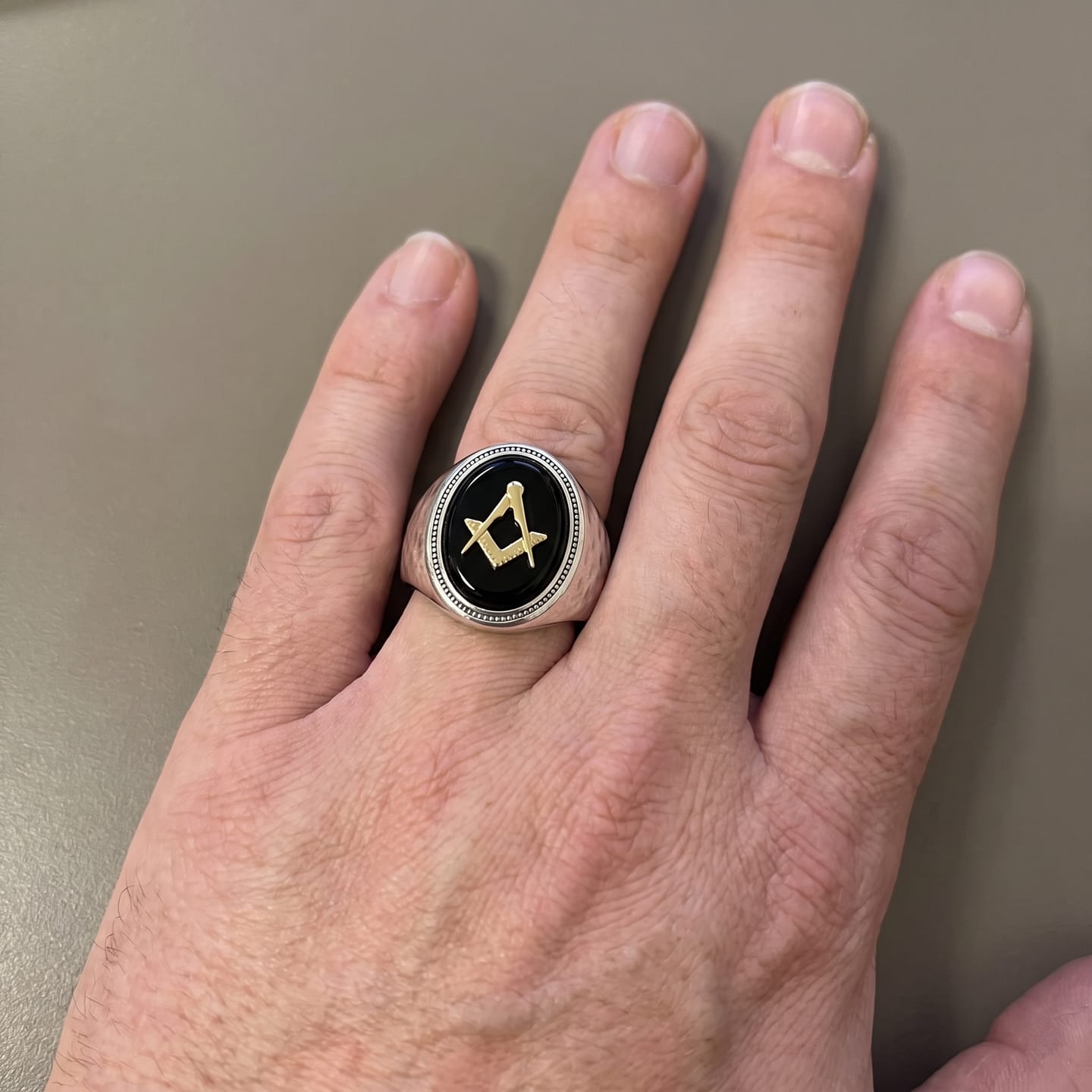 Customer photo review of Hammered Masonic Onyx Ring