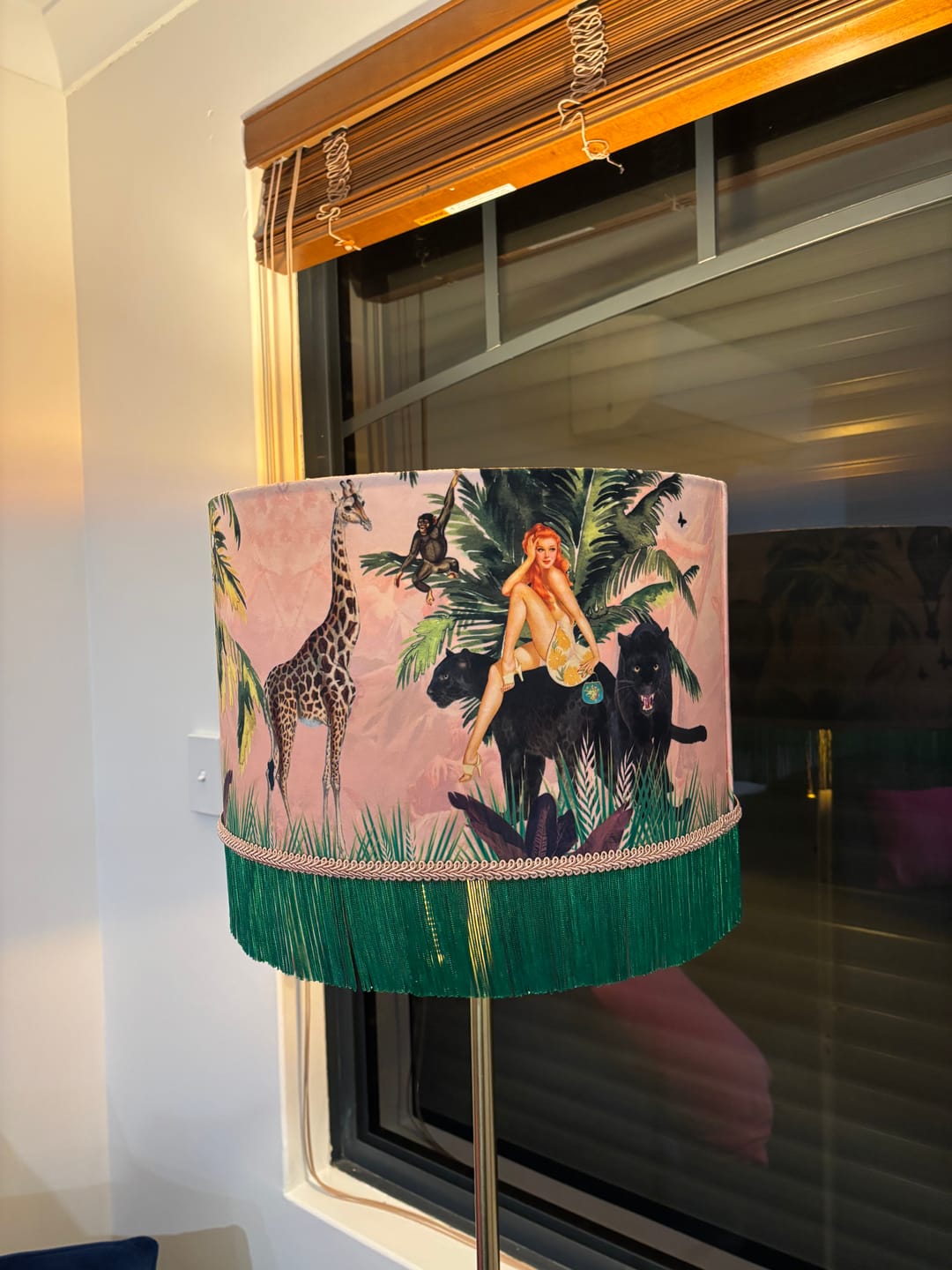 Customer photo review of Queen K Jungle Walk Pink Fringed Drum Lampshade
