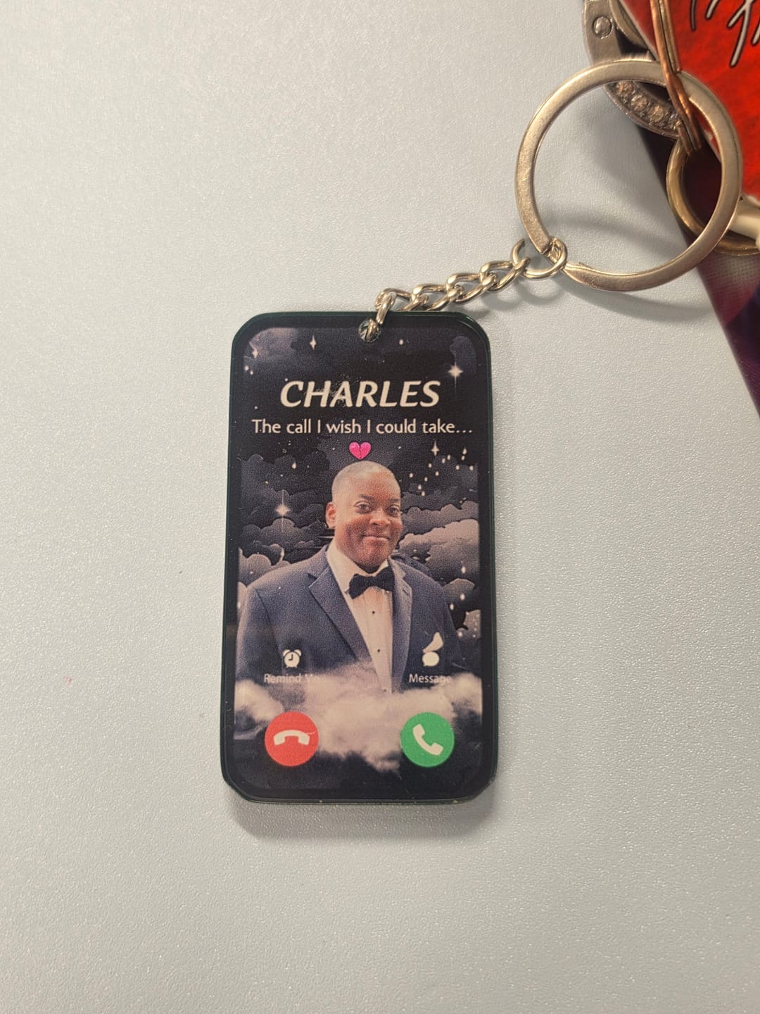 Customer photo review of The Call I Wish I Could Take Memorial Sympathy Gift Remembrance Keepsake Photo Personalized Acrylic Keychain