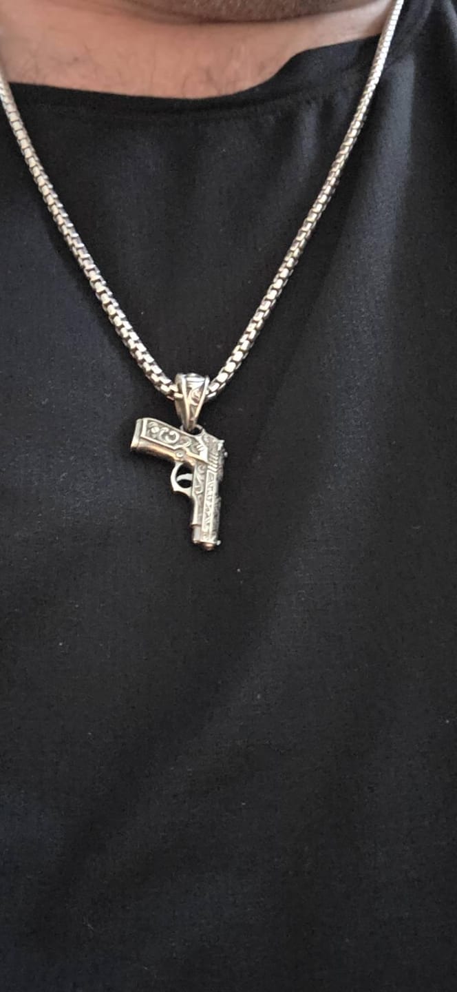 Customer photo review of Engraved Pistol Gun Pendant