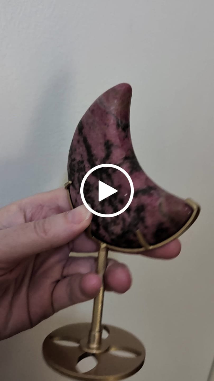 Customer video review of Unique,Natural Crystal Rhodonite In Quartz Crescent Moon Display