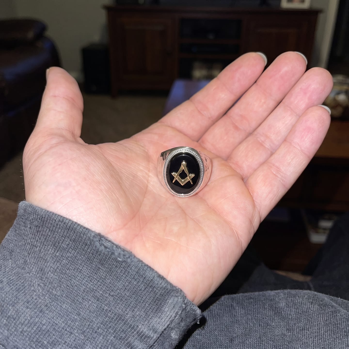 Customer photo review of Hammered Masonic Onyx Ring