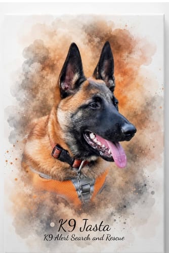 Customer's watercolor style pet portrait of a K9 on canvas, featuring a dog wearing an orange harness.