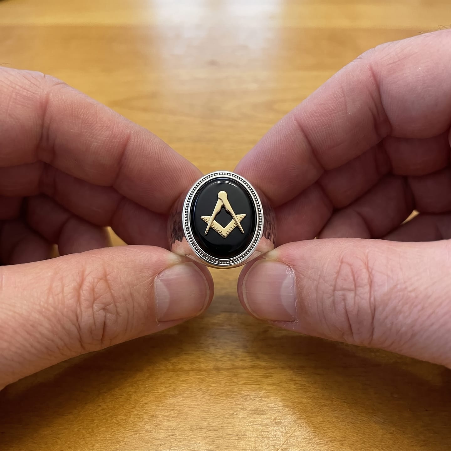 Customer photo review of Hammered Masonic Onyx Ring