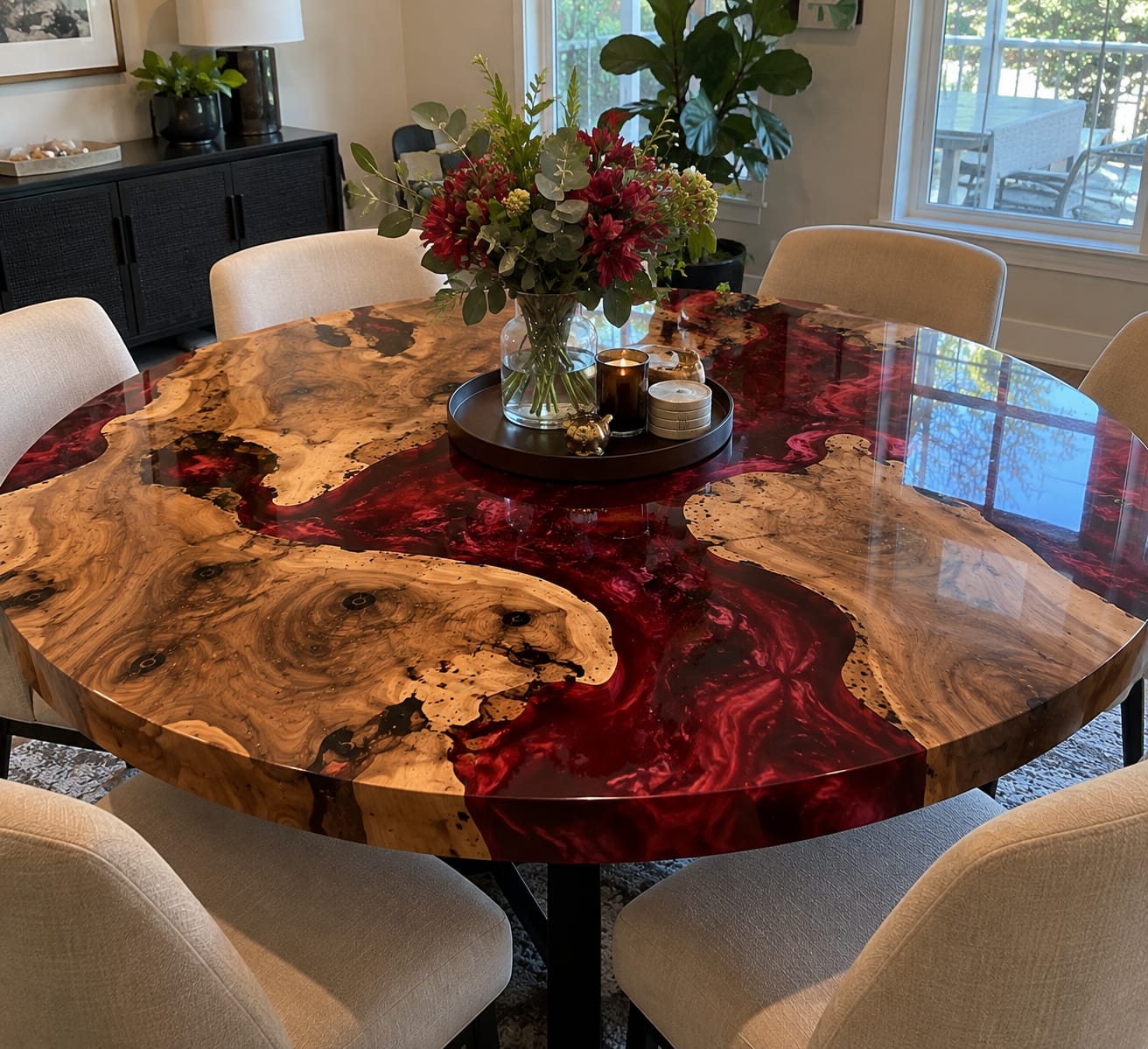 Customer photo review of Olive Wood Dining Table with Bright Blue Resin for Family Dining