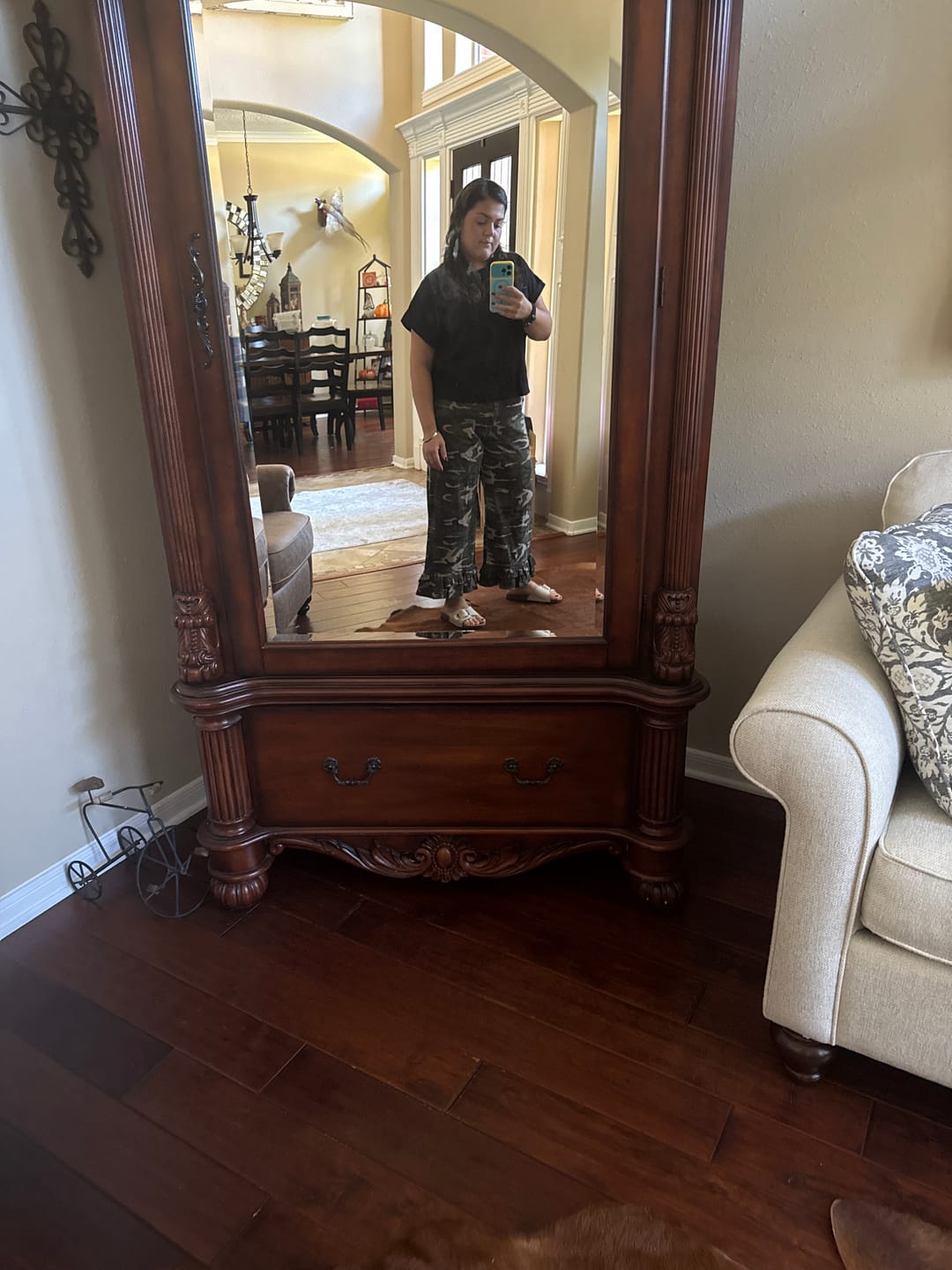Customer photo review of Outlaw Ruffle Washed Camo Wide Leg Denim