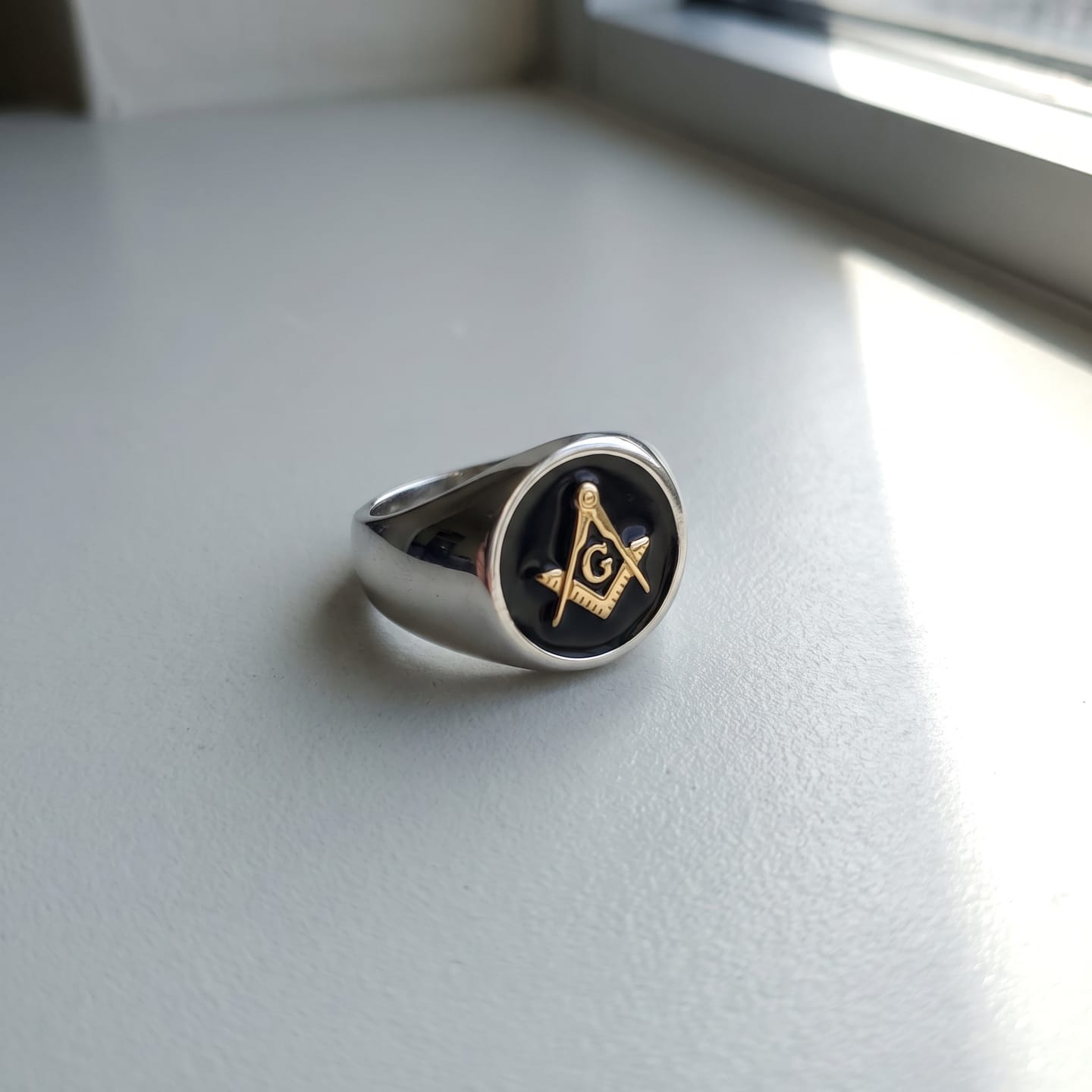 Customer photo review of Square and Compasses Signet Ring
