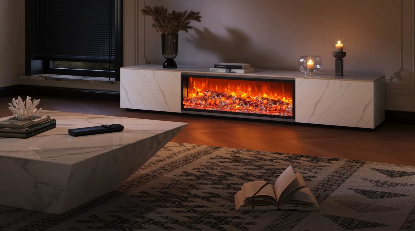 Customer photo review of Modern Marble TV Stand Fireplace with Drawers & Lighting