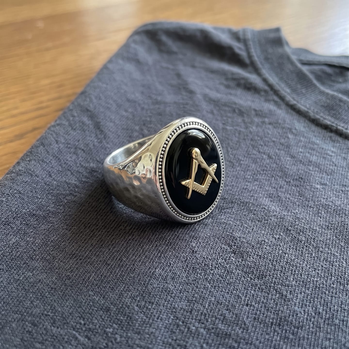 Customer photo review of Hammered Masonic Onyx Ring