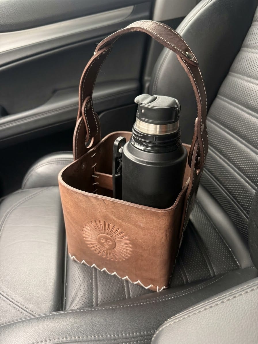 Customer photo review of Canasta Matera Premium : Sac à Maté en Cuir Marron Tabac (Repoussé Pampa ou Sol de Mayo)
