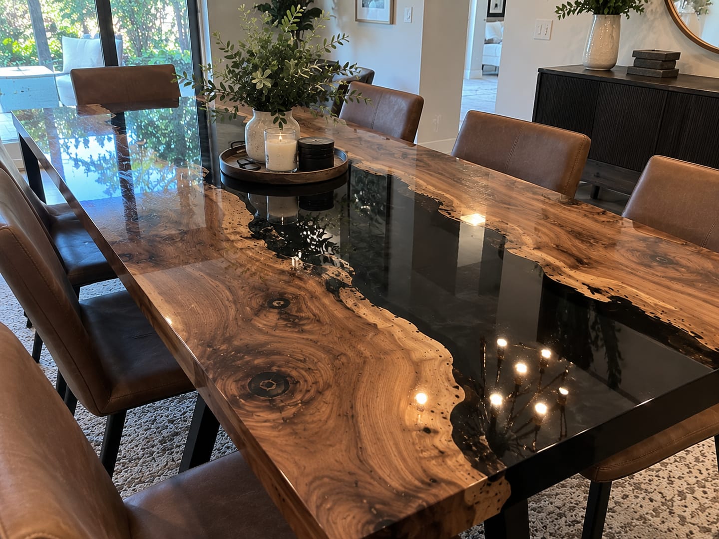 Customer photo review of Olive Wood Dining Table with Bright Blue Resin for Family Dining