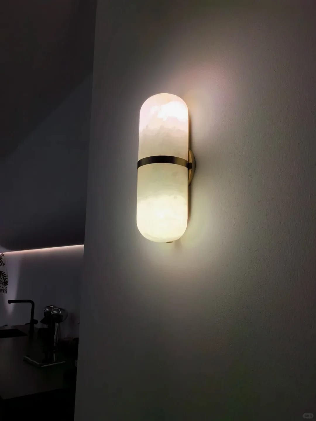 Customer photo review of Pill-Shaped Wall Sconce for Hallway, Alabaster, Brass