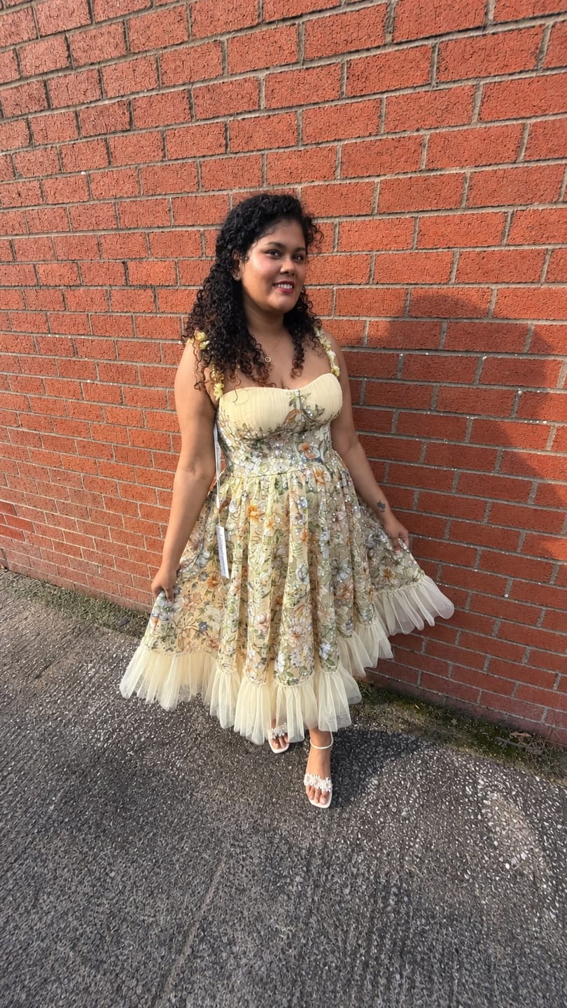 Customer photo review of Floral Embroidered Tulle Midi Dress with Yellow Appliqué Straps