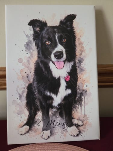 Customer's portrait of a black and white dog named Missy, in a watercolor style, resting on a surface.