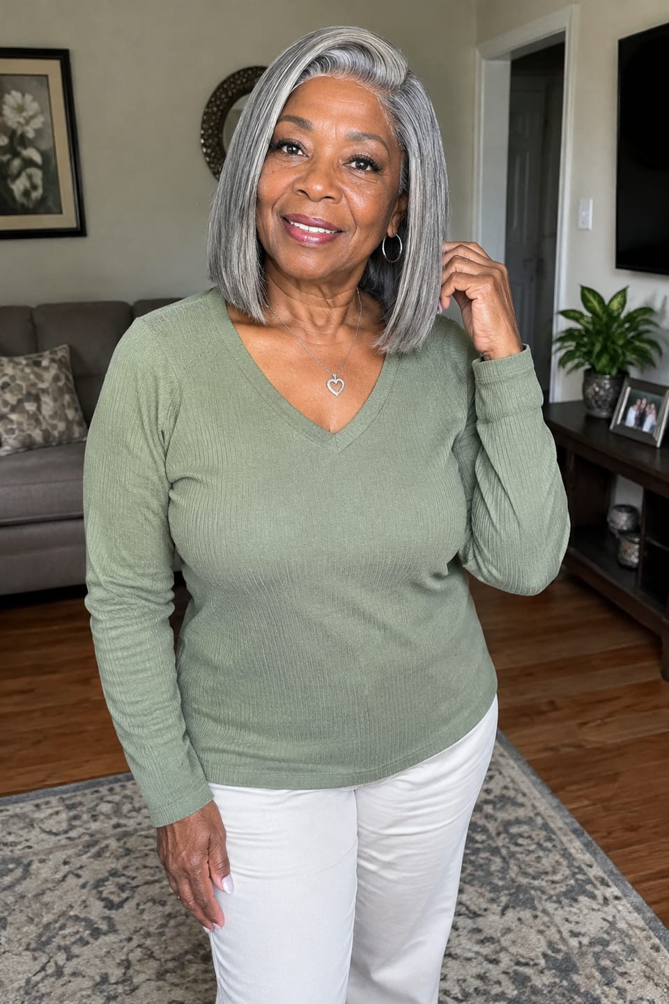Customer photo review of Luvwin 5x5 Salt And Pepper Glueless Gray Color Pre-Cut Lace Straight Bob Wig For Black Women