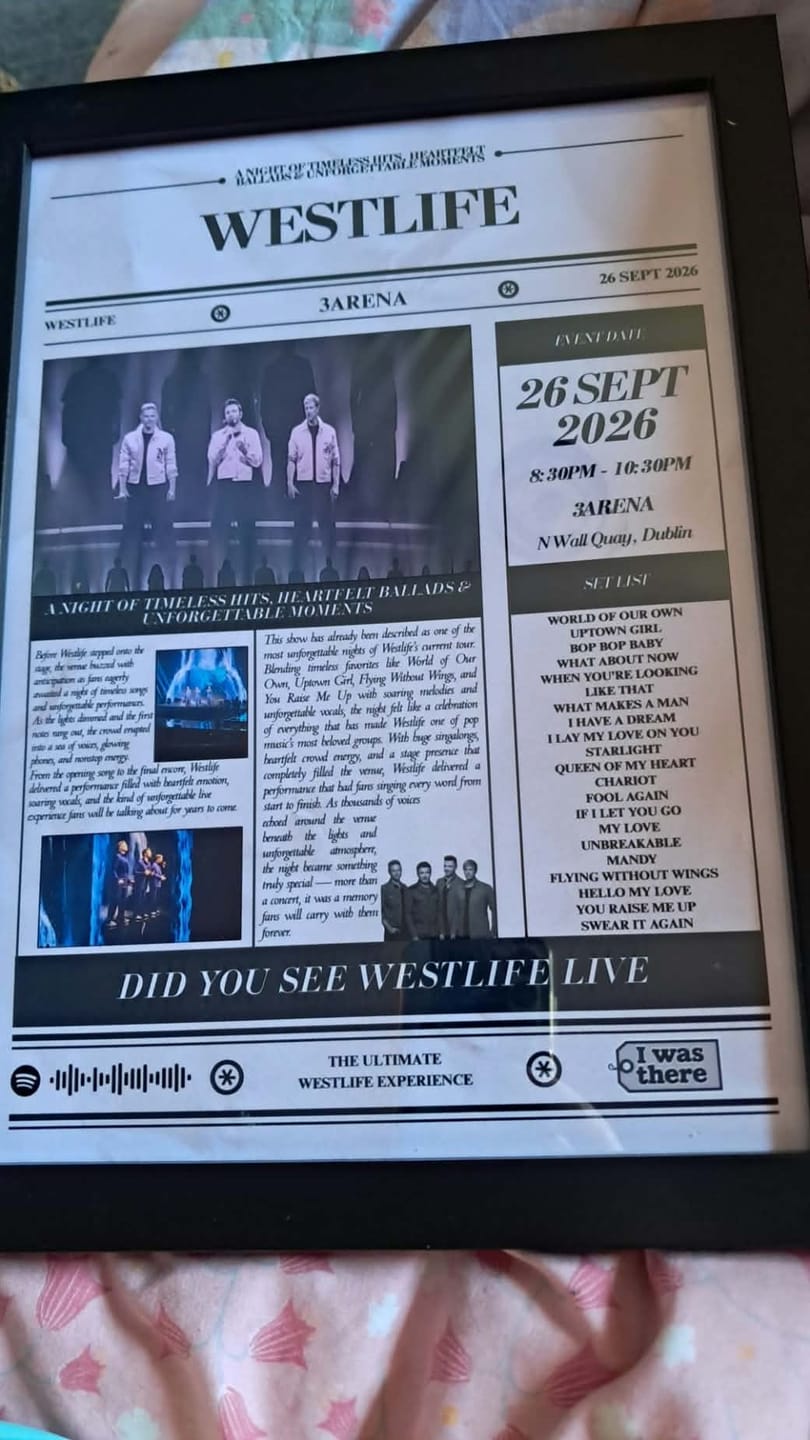 Customer photo review of Westlife - Personalised Newspaper Style Concert Poster